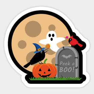 Halloween: Cute Crow and Cardinal Scared by a Ghost - PEEK-A-BOO Sticker